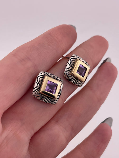sterling silver & 14k gold faceted amethyst post earrings