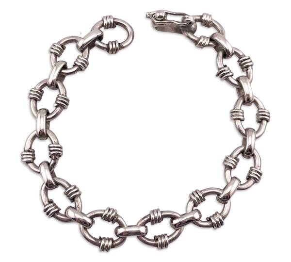 sterling silver 7 3/4" Mexican stoneless textured circle chain link bracelet