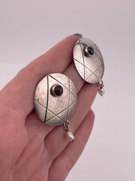sterling silver garnet pearl Star of David textured post earrings