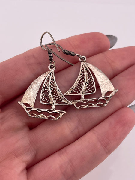 sterling silver rhodium plated etched sailboat hook dangle earrings