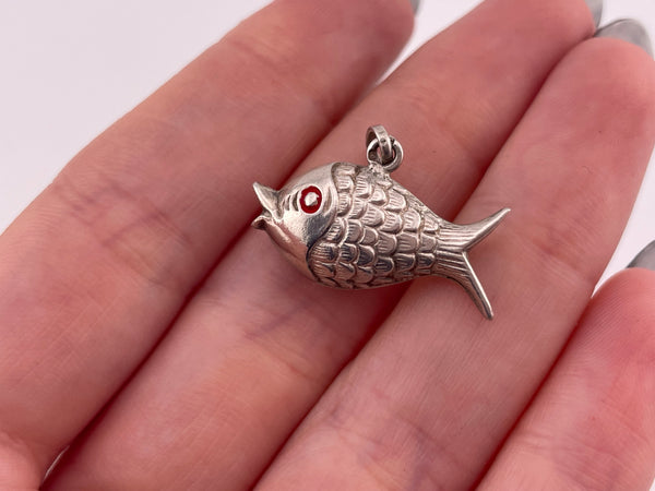 sterling silver puffy fish red eyes pendant