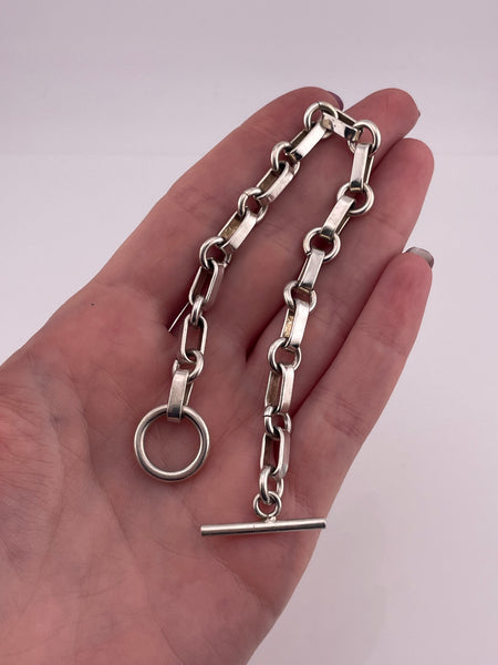 sterling silver stoneless paperclip circle chain link toggle clasp bracelet
