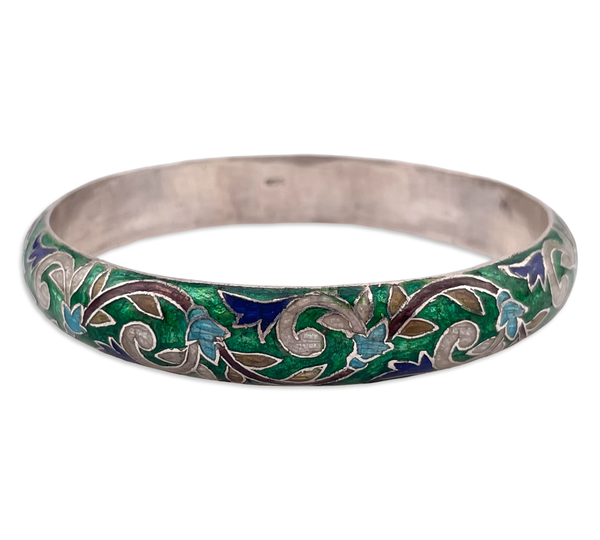 sterling silver 8" enamel scroll leaf bangle bracelet