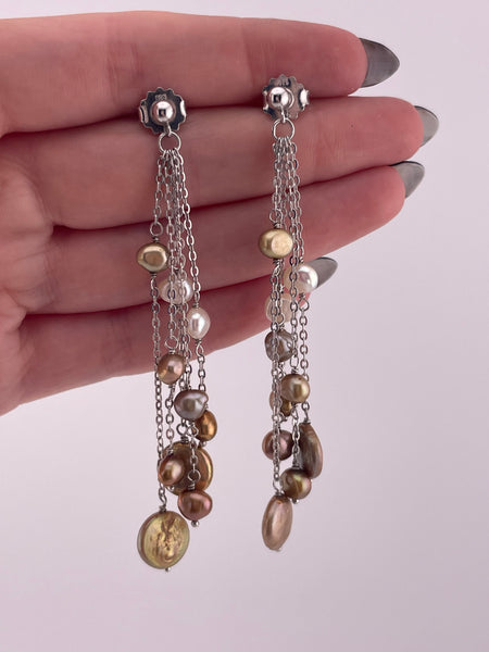 sterling silver 3-1/4" multi-color pearl chandelier post dangle earrings