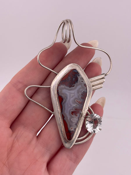 sterling silver large artisan agate & faceted quartz freeform pendant