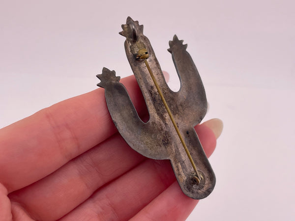 sterling silver multi-stone stamped cactus pendant brooch