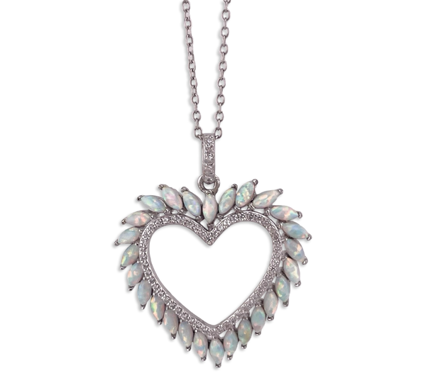 sterling silver lab opal CZ heart pendant necklace
