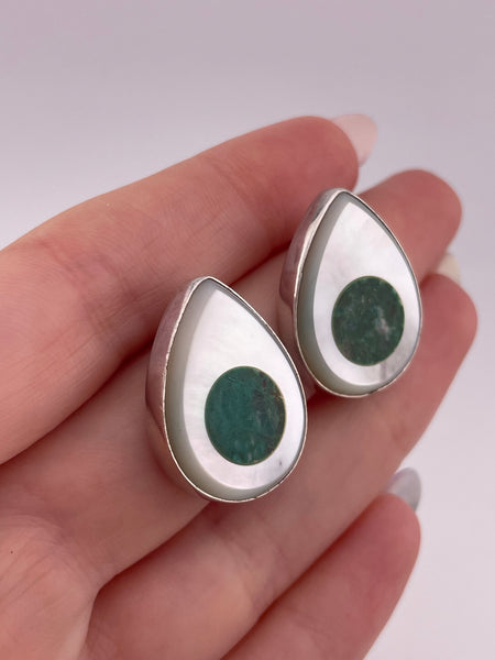 sterling silver chrysocolla & mother of pearl inlay teardrop post earrings