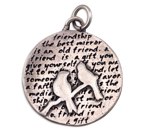 sterling silver round birds w/ friendship writing pendant
