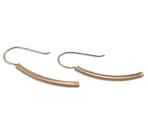 14k yellow gold curved bar dangle earrings