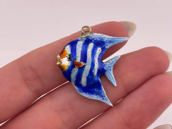 sterling silver blue orange enamel fish pendant