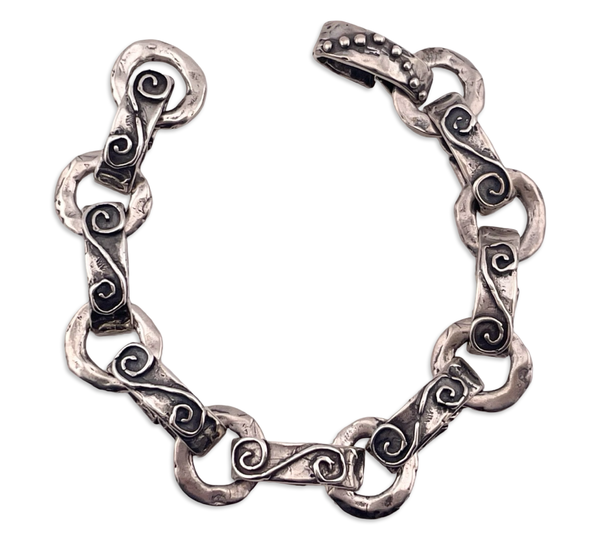 sterling silver chunky heavy 55 grams hammered circle swirl chain link bracelet