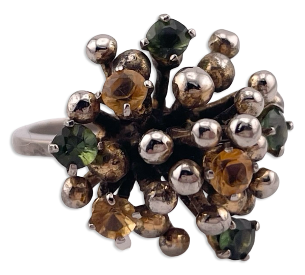 size 6.75 sterling silver abstract high profile faceted citrine & peridot ring