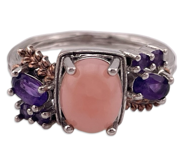 size 8 sterling silver faceted amethyst & pink gemstone ring