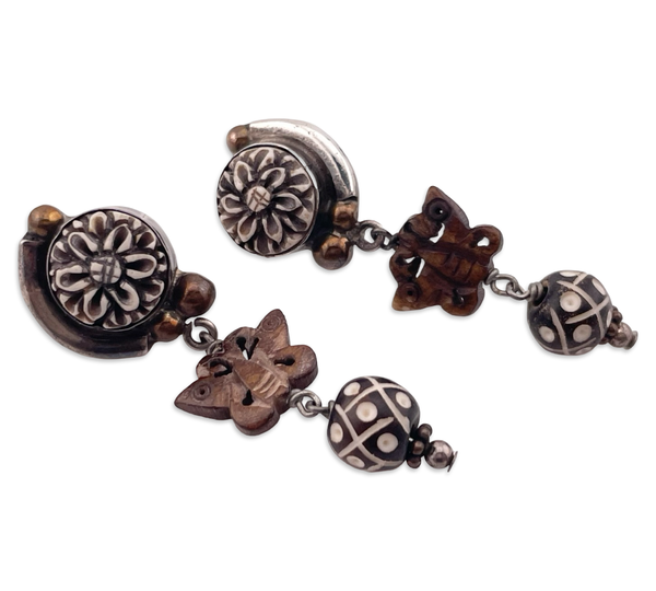 sterling silver & brass Amy Khan Russell carved synthetic material & wood butterfly post earrings