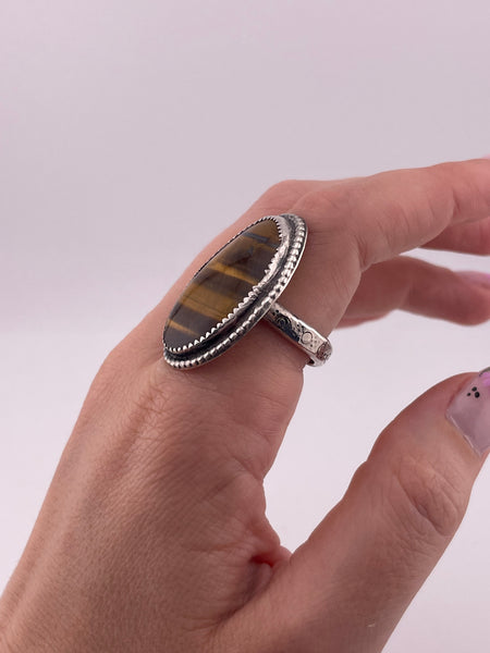 size 11 sterling silver tigers eye stamped band ring