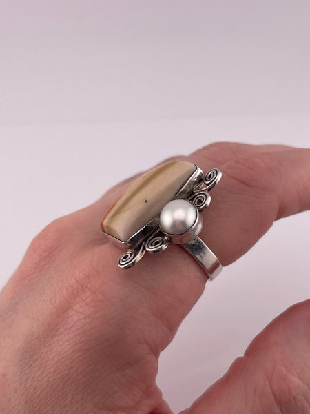 size 8 sterling silver jasper synthetic pearl ring