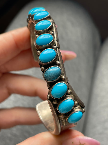 sterling silver signed JT turquoise row cuff bracelet