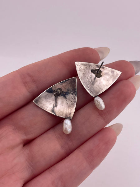 sterling silver textured fan pearl post earrings *non-sterling posts*
