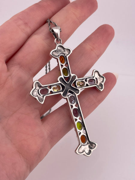 sterling silver large colorful multi-glass marcasite cross pendant necklace
