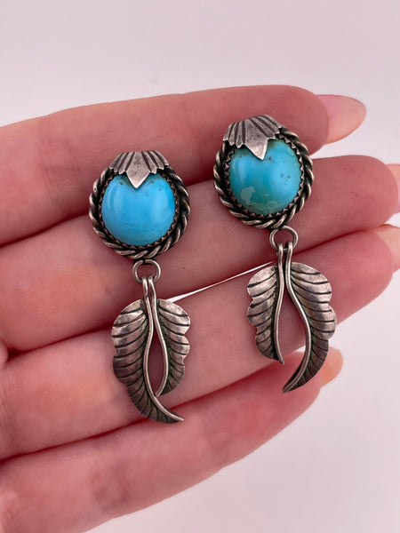 sterling silver turquoise feather post dangle earrings