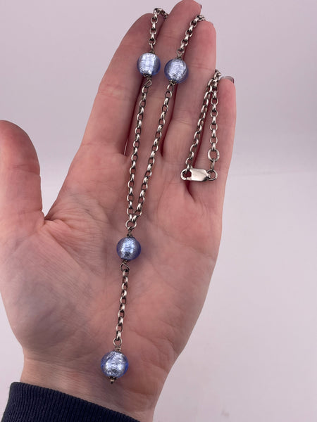 sterling silver 16-1/2" blue glass lariat necklace