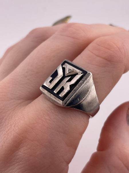 size 9.25 sterling silver "JK" onyx diamond initials ring