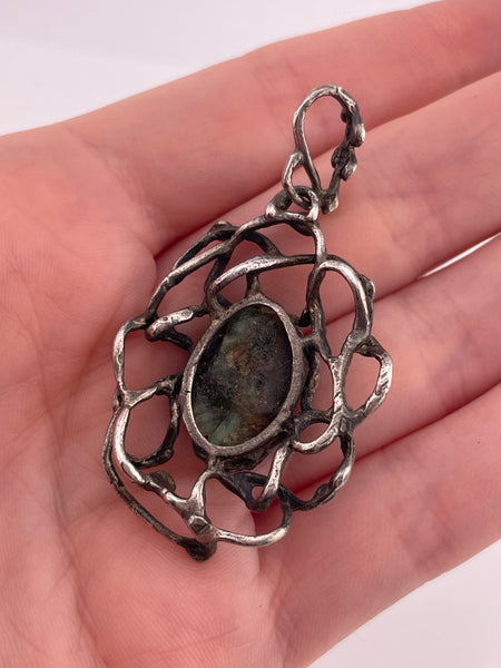 sterling silver artisan raw serpentine pendant