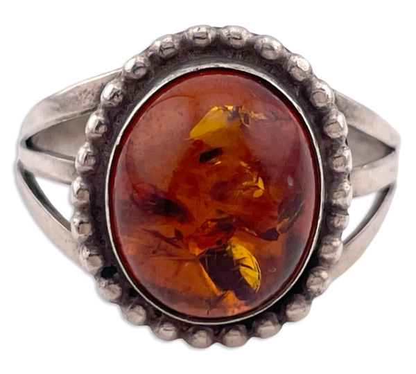 size 8.75 sterling silver oval amber dot border ring