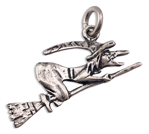 sterling silver witch riding broomstick pendant