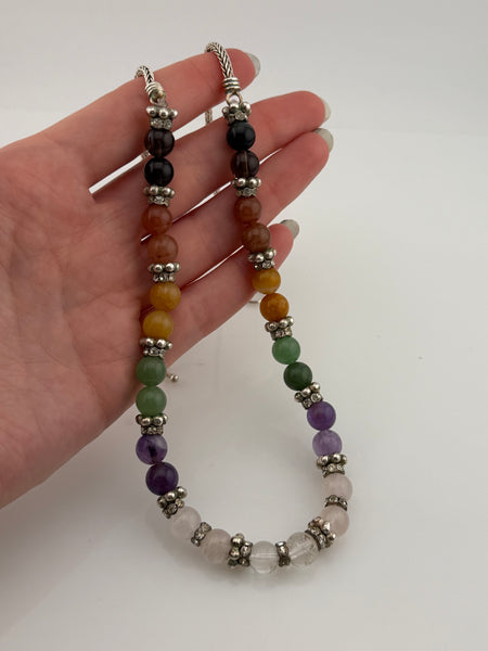 sterling silver colorful rainbow multi-gemstone & rhinestone necklace