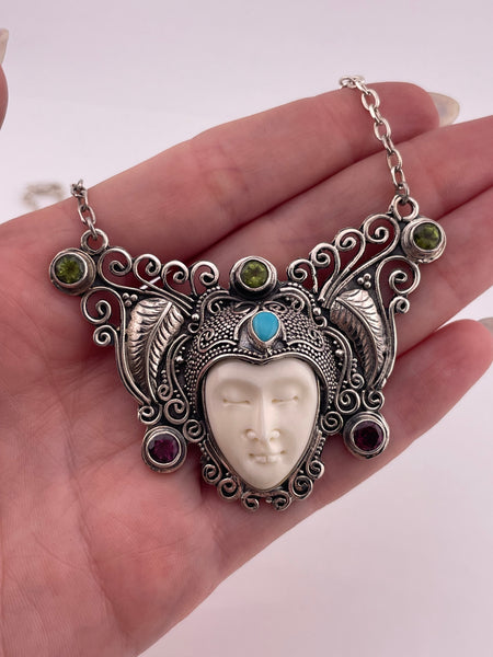 sterling silver 20" molded plastic garnet peridot turquoise necklace