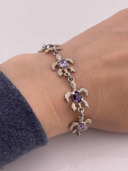 sterling silver 7 1/4" faceted purple glass sea turtle link bracelet