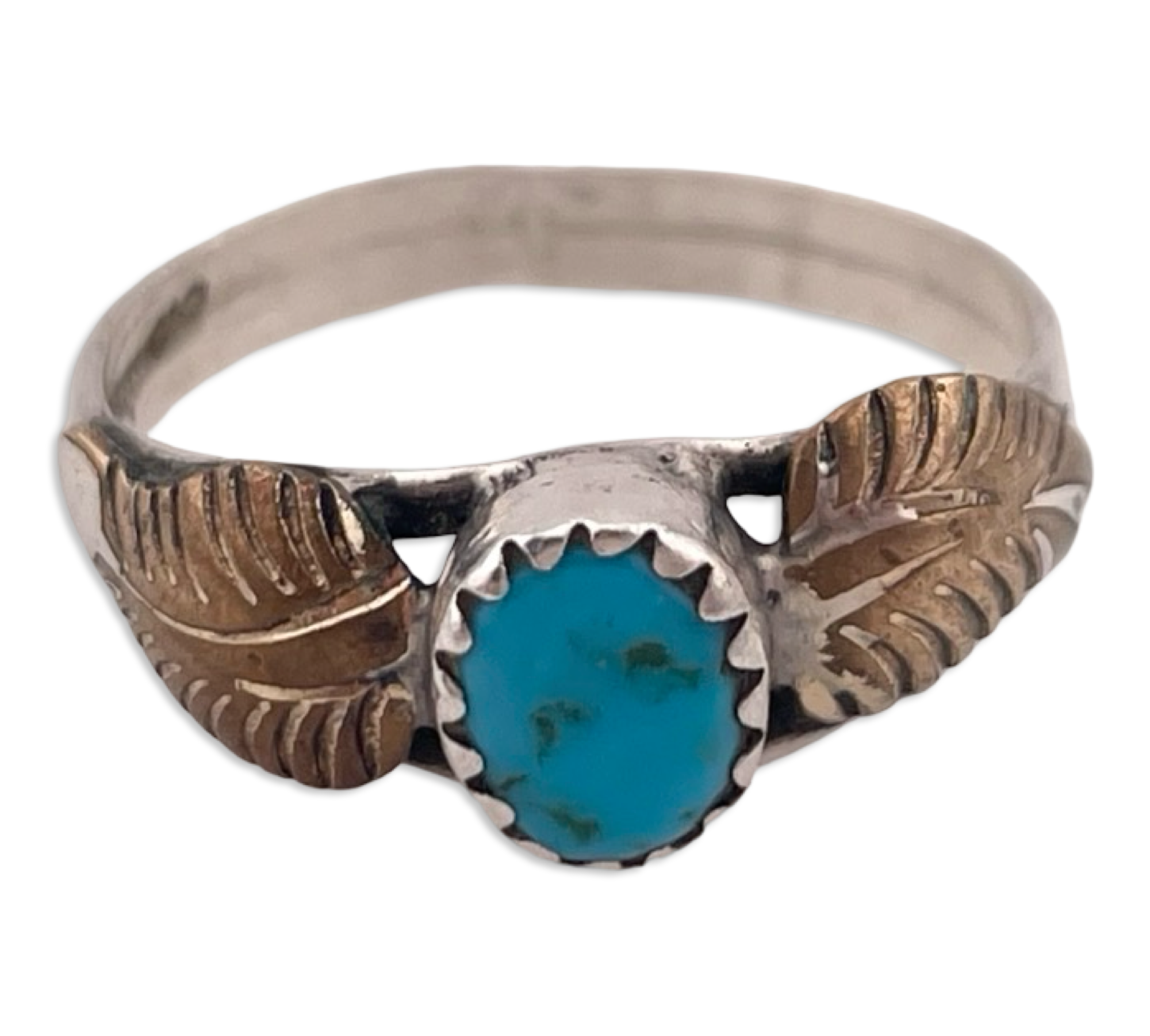 size 8.5 sterling silver & brass turquoise leaf ring