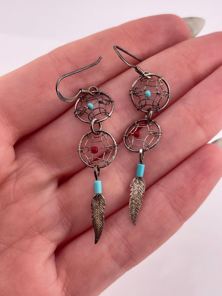 sterling silver synthetic turquoise coral dream catcher hook dangle earrings