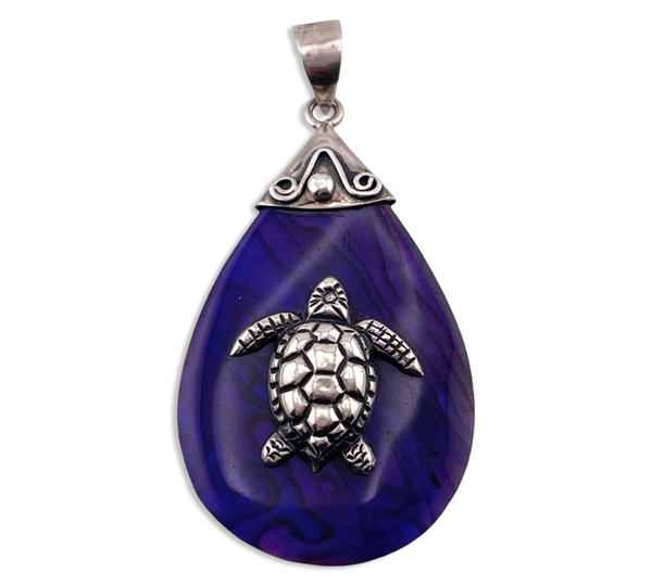 sterling silver sea turtle abalone resin topped pendant