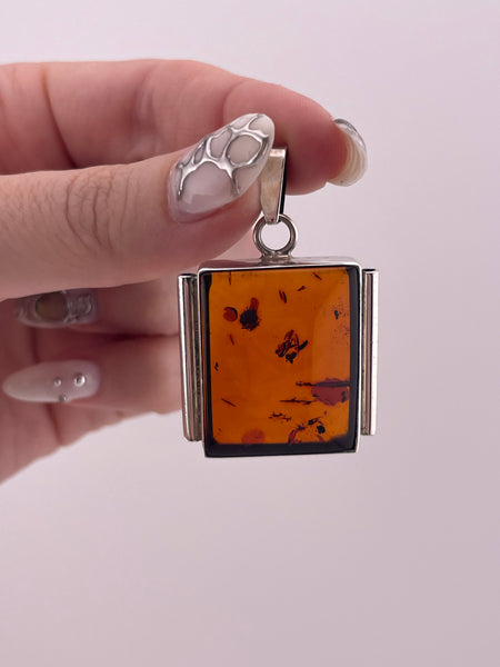 sterling silver shaped amber rectangle pendant