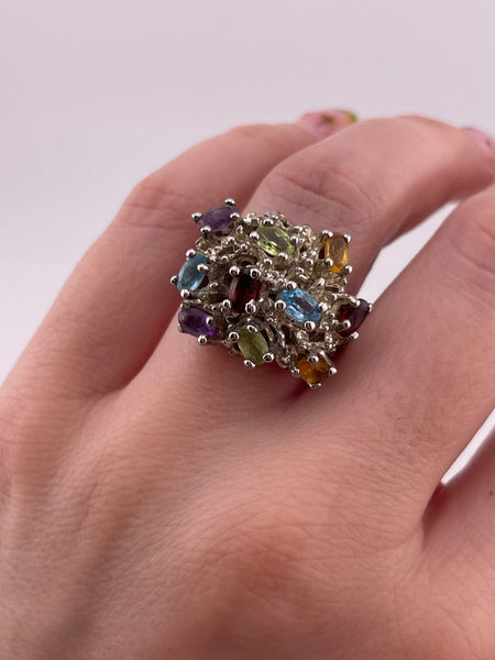 size 6.5 sterling silver brutalist faceted multi-gemstone ring