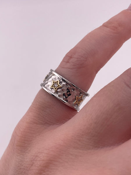 size 5 sterling silver & gold plated hammered star rhinestone band ring