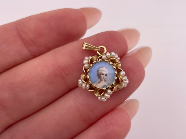 14k yellow gold seed pearl woman portrait pendant