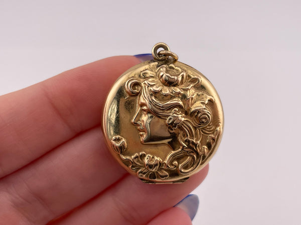 14k gold heavy JMF Company Art Nouveau style woman profile locket pendant