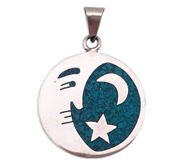 sterling silver Mexican crushed turquoise crescent man in the moon pendant
