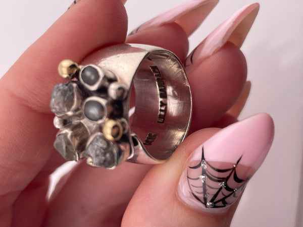 size 5.5 sterling silver & 14k gold Lily Barrack artisan quartz rough diamond adjustable ring