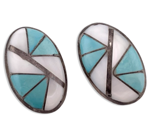 sterling silver multi-stone inlay mother of pearl & turquoise clip on earrings