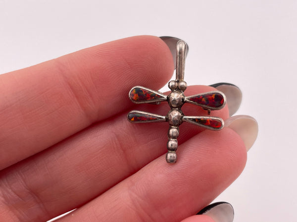 sterling silver synthetic opal dragonfly brooch / pendant