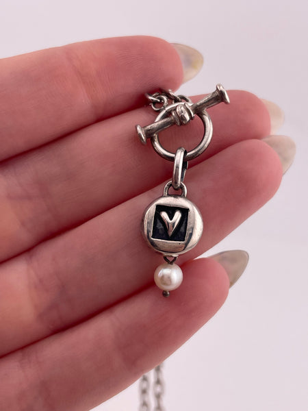 sterling silver 16" paperclip “V” initial faux pearl t-bar toggle necklace