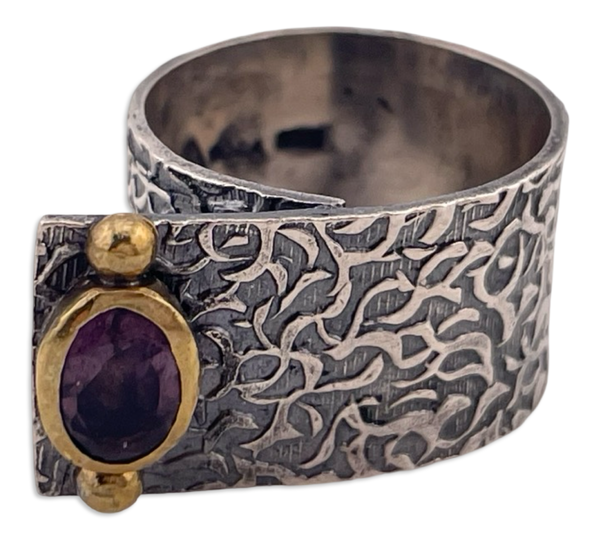 size 7 sterling silver & brass designer Bora faceted amethyst high profile ring
