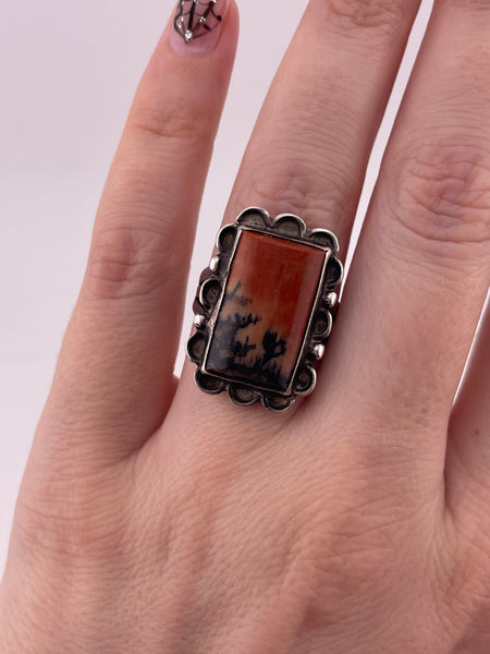 size 7.5 sterling silver rectangle petrified wood ring