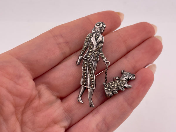 sterling silver marcasite woman walking dog brooch pin