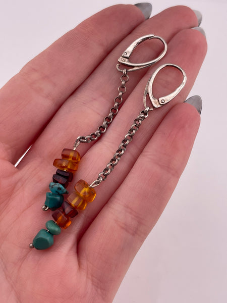 sterling silver turquoise synthetic amber chain hook dangle earrings
